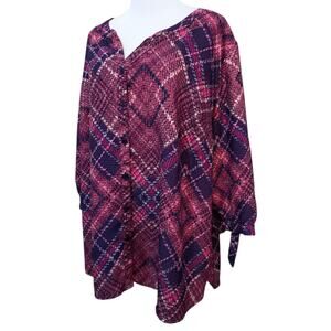 CATHERINES Blouse Tunic Top Plus 1X Career Office Dressy Tie Cuffs Pink Purple